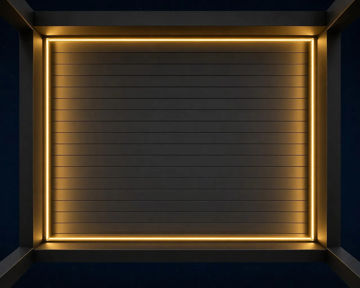 Perimeter LED lighting under the FANCO Apex roof at night - upward view