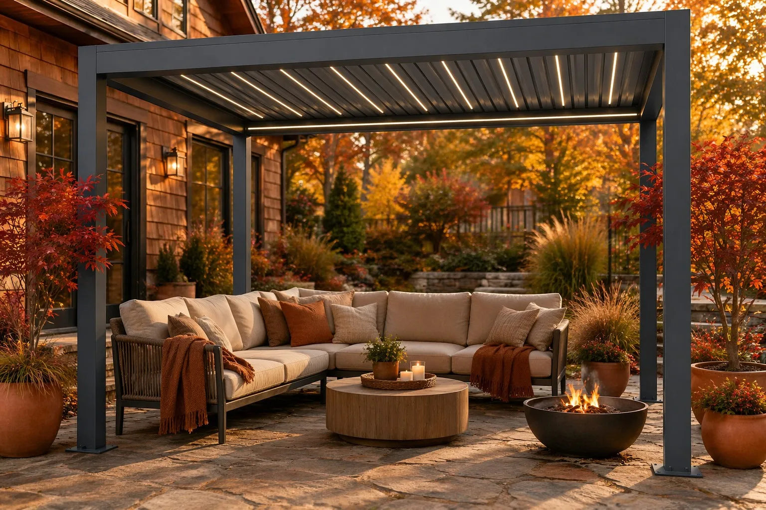 FANCO Horizon pergola over an autumn outdoor sofa and fire pit setup