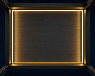 Perimeter LED lighting under the FANCO Breeze roof at night - upward view