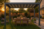 FANCO Horizon pergola over a family dining table in a suburban backyard at golden hour