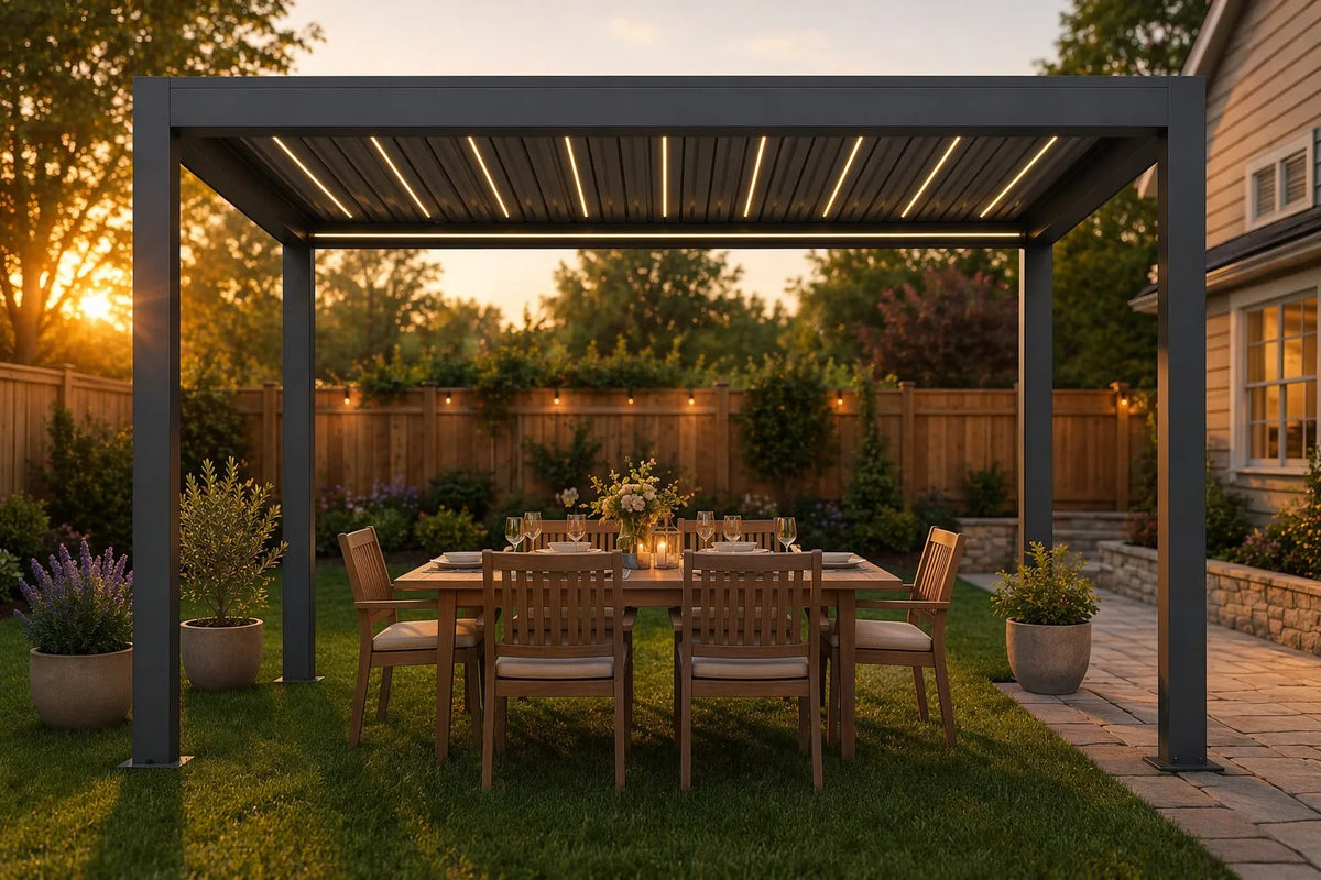 FANCO Breeze pergola over a family dining table in a suburban backyard at golden hour