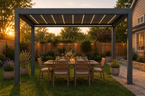 FANCO Apex pergola over a family dining table in a suburban backyard at golden hour