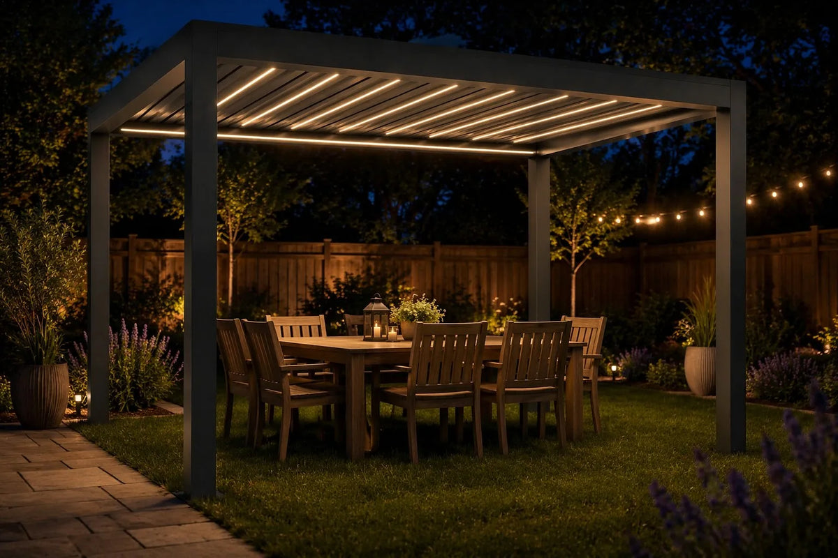 FANCO Horizon pergola glowing with warm LED lighting over a night backyard dinner