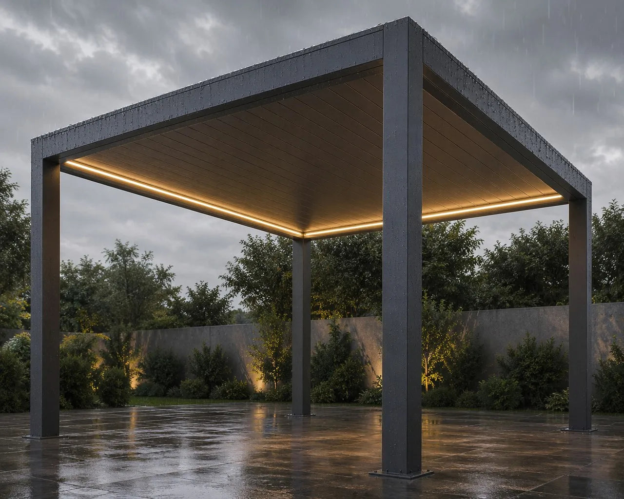 FANCO Horizon louvered roof closed showing rain protection with integrated drainage